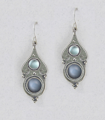 Sterling Silver Gothic Look With Grey Moonstone And Blue Topaz Gemstone Drop Dangle Earrings